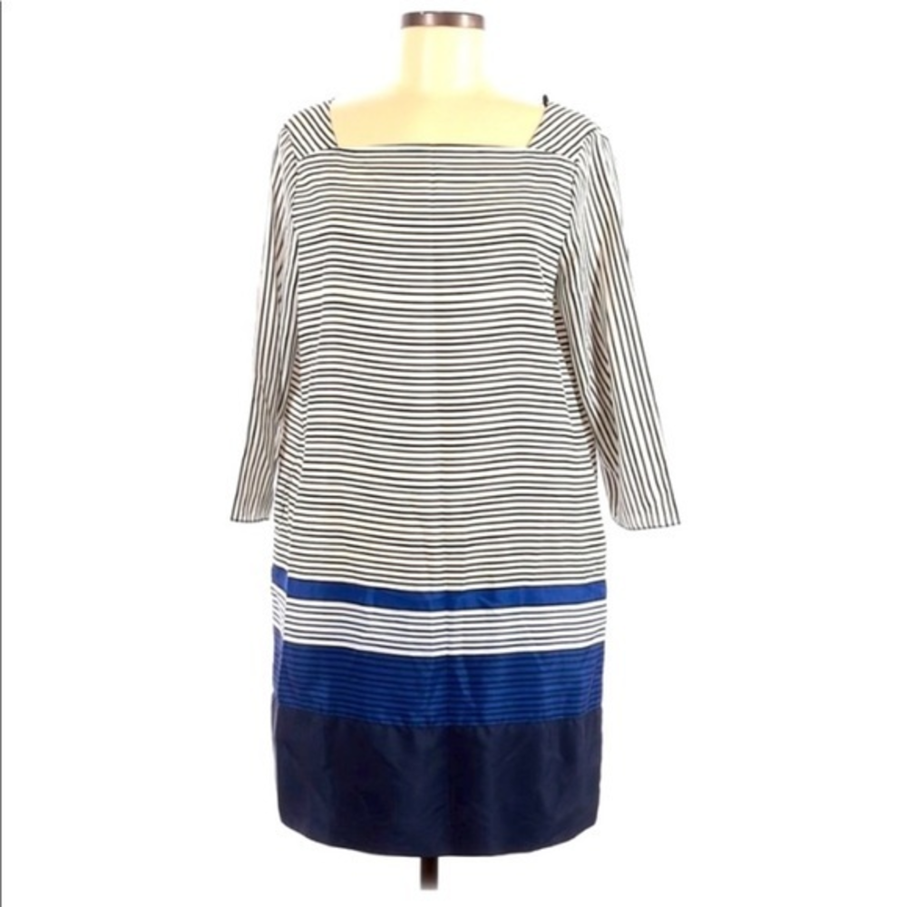 Zara Basic‎ L black/white/blue stripe square neck 3/4 sleeves shift dress